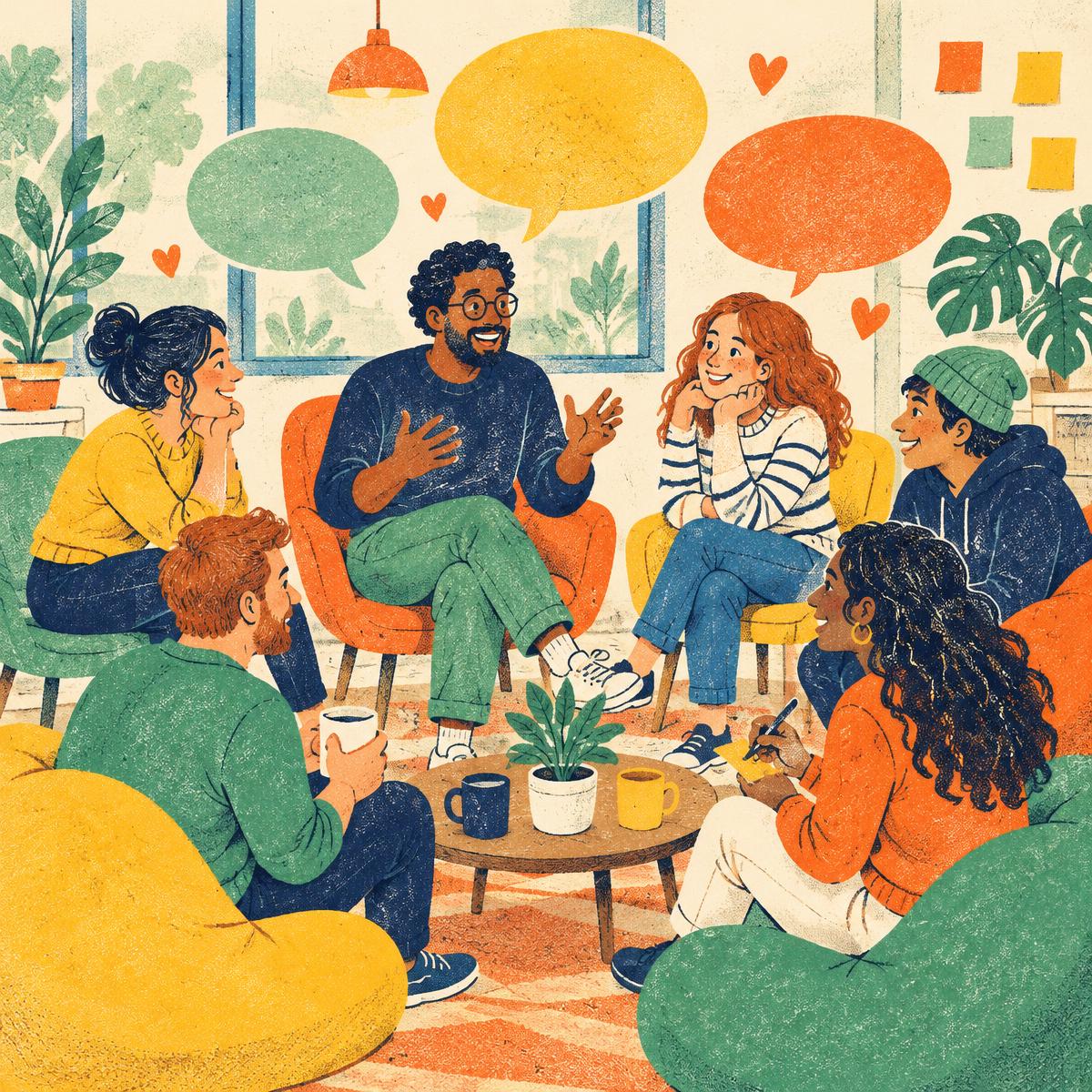 Illustrated coworkers sitting in a circle, listening to each other